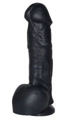 Чёрный фаллоимитатор с поджатой мошонкой и присоской - 18 см.