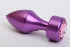 Фиолетовая анальная пробка с широким основанием и розовым кристаллом - 7,8 см.
