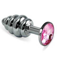 Серебристая ребристая пробка с розовым кристаллом размера M - 8,5 см.