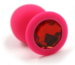 Розовая силиконовая анальная пробка с красным кристаллом - 8,3 см.