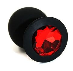 Черная силиконовая анальная пробка с красным кристаллом - 8,3 см.
