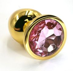 Золотистая алюминиевая анальная пробка с светло-розовым кристаллом - 7 см.