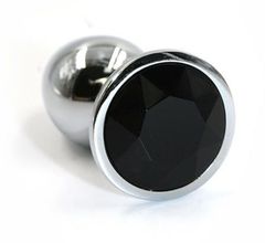 Серебристая алюминиевая анальная пробка с чёрным кристаллом - 8,4 см.