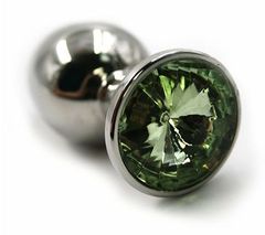 Серебристая алюминиевая анальная пробка с светло-зеленым кристаллом - 8,4 см.