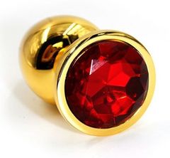 Золотистая алюминиевая анальная пробка с красным кристаллом - 7 см.