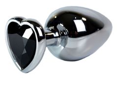 Серебристая анальная пробка с чёрным кристаллом-сердцем размера L - 9,5 см.
